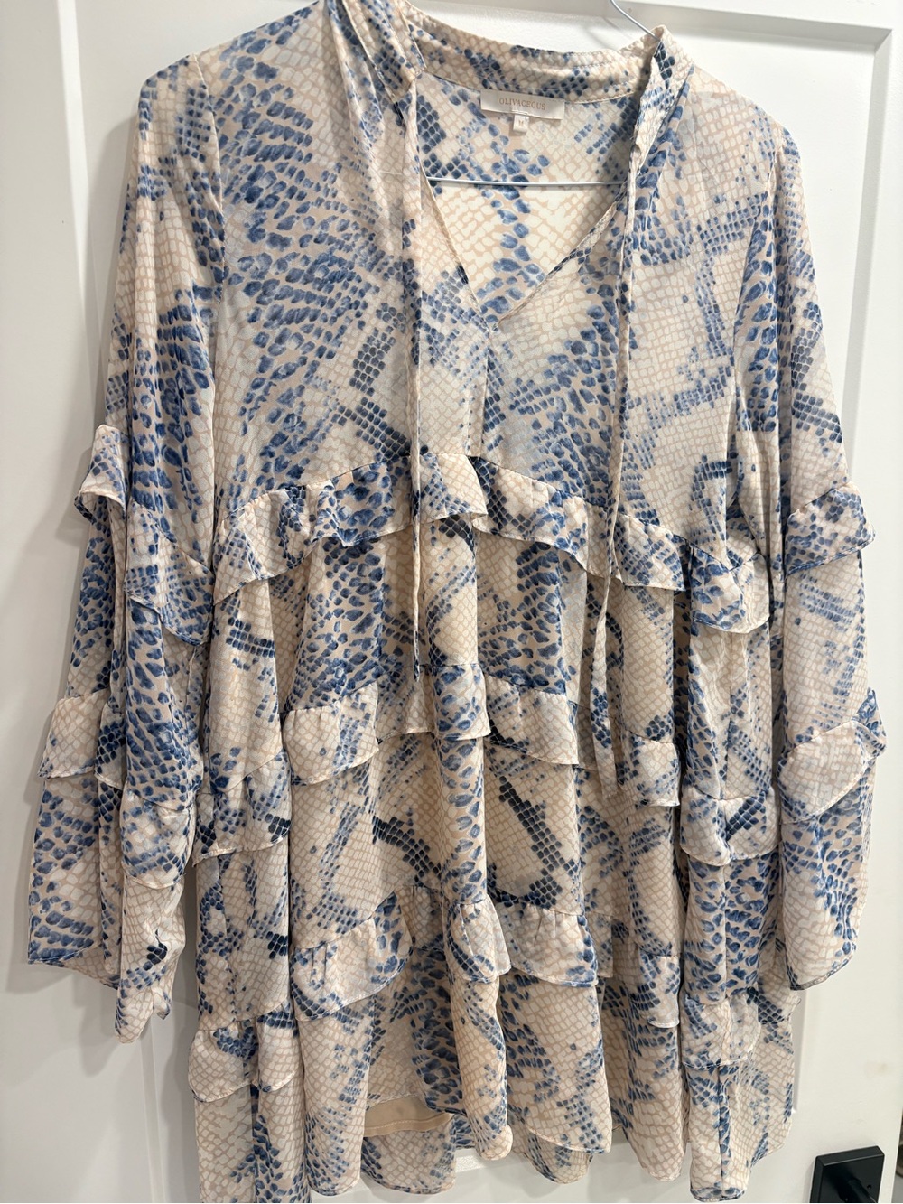 Olivaceous Blue and Cream Snakeskin Print Mini Dress
